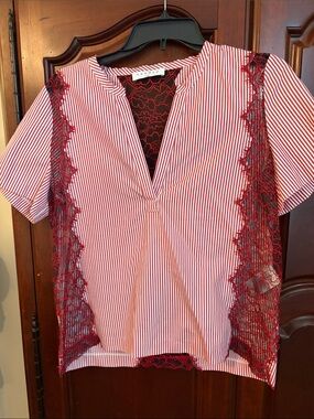 Sandro Red and White Striped Lace-Trim Blouse